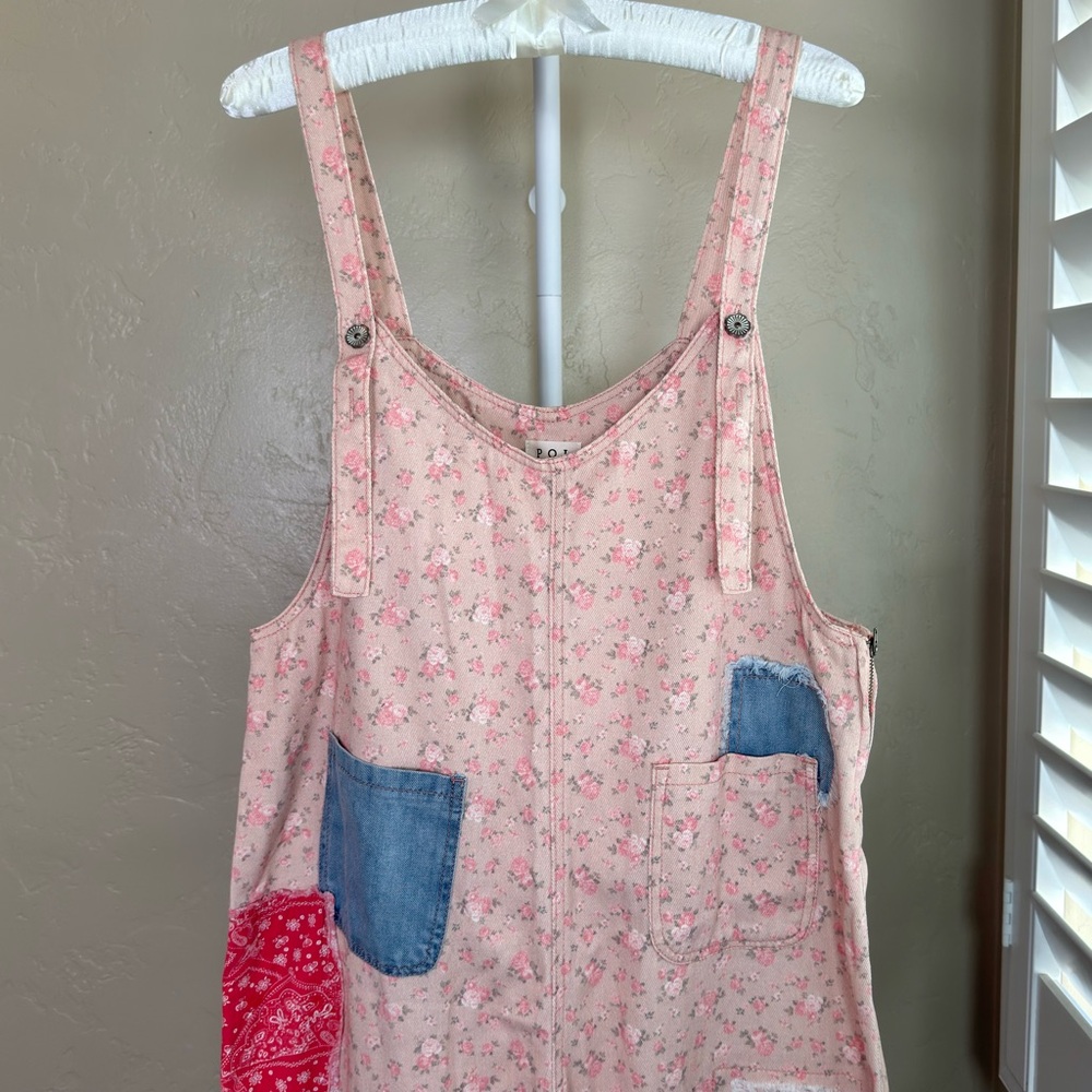 Pol Patchwork Floral Overalls Size Medium Wide Le… - image 3
